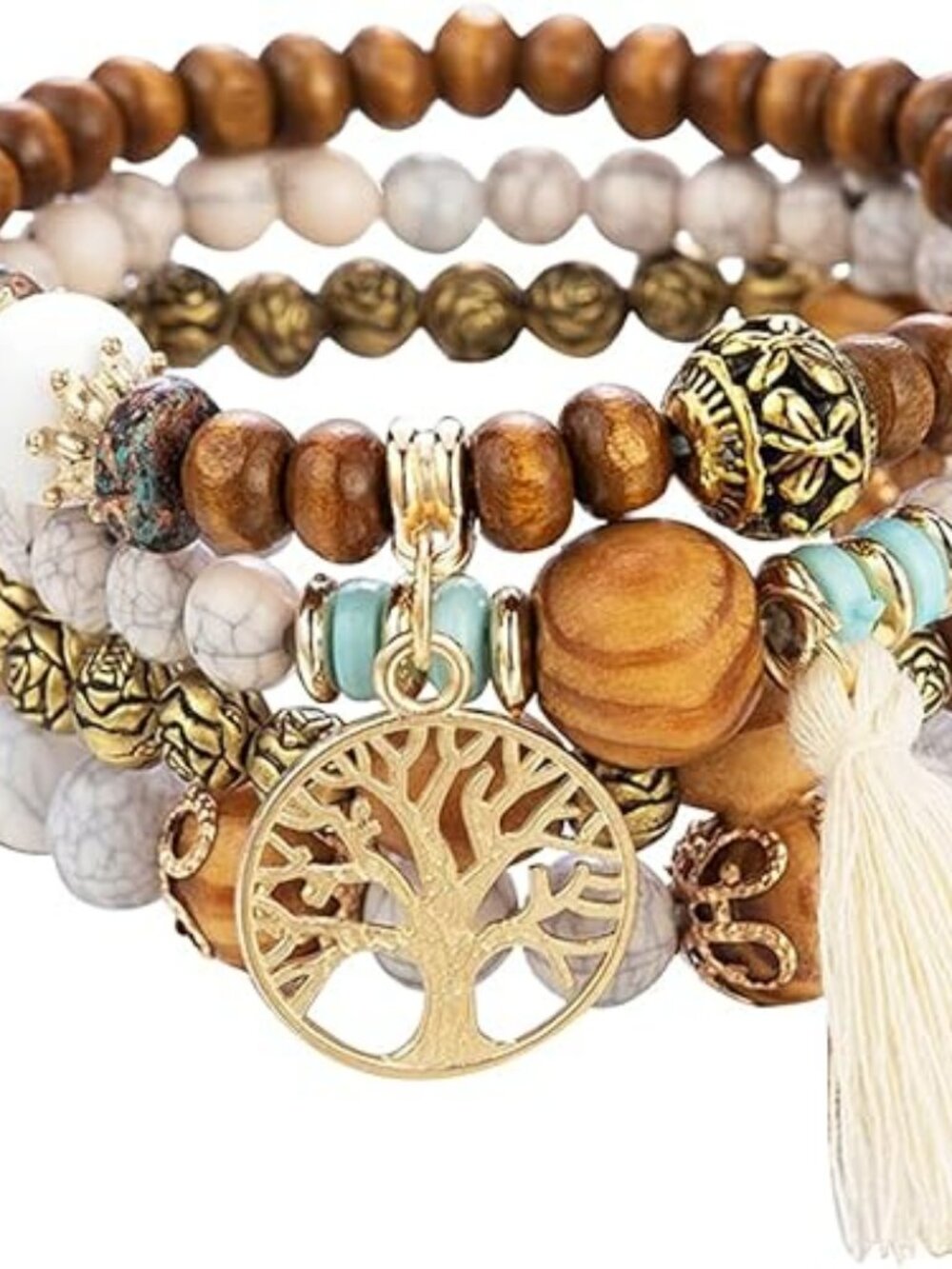 New Tree of Life Bracelet Boho Stretch Wood Beaded Bracelets with Tassel & Gold